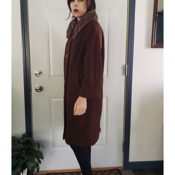 60s Brown‎ Cashmere Swing Coat with Fur Collar - Picture 2 of 8